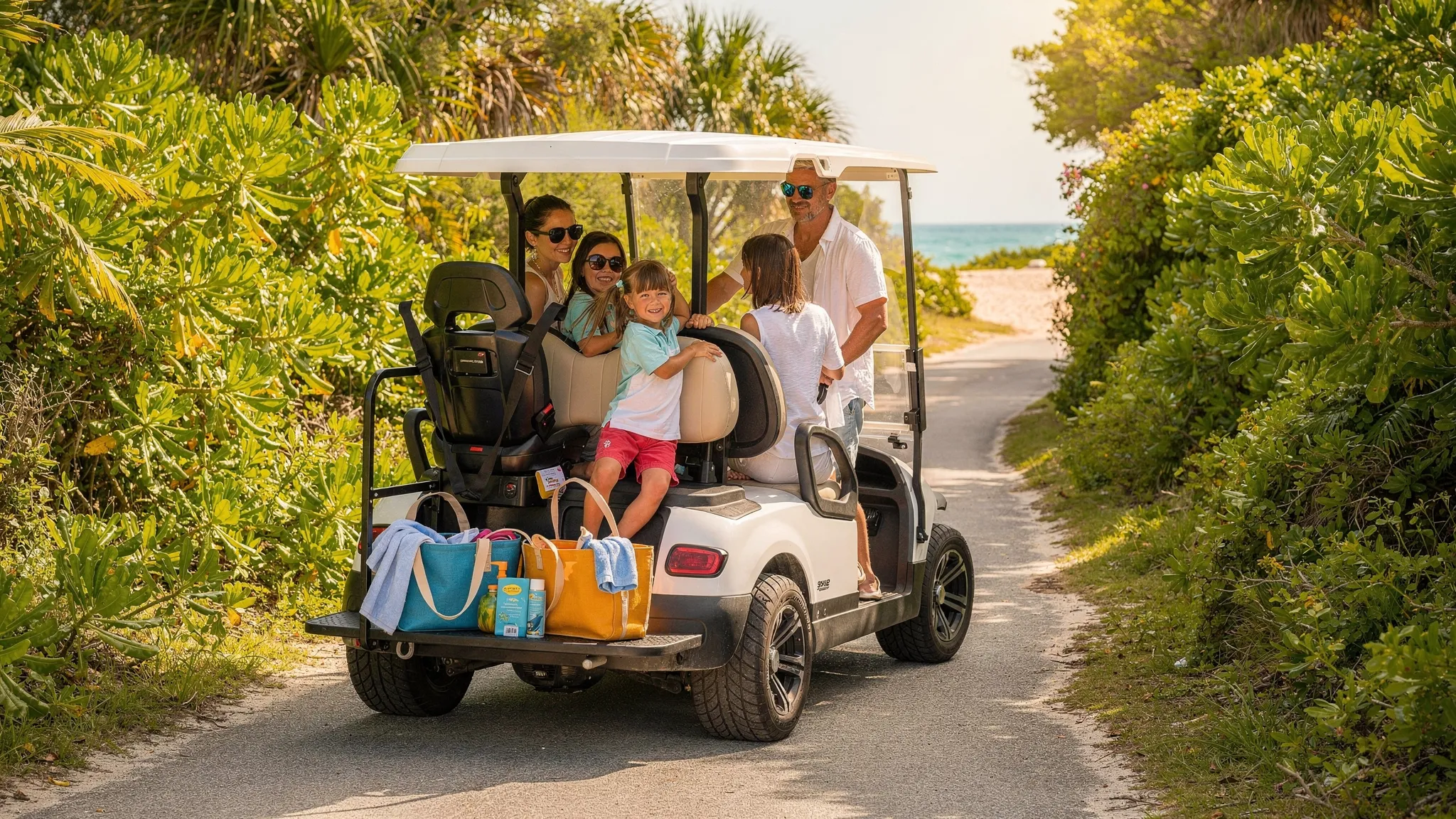 Une famille en vacances s’installe dans une voiturette électrique, avec un siège enfant fixé, des sacs de plage, et une route étroite bordée de végétation menant vers une plage.