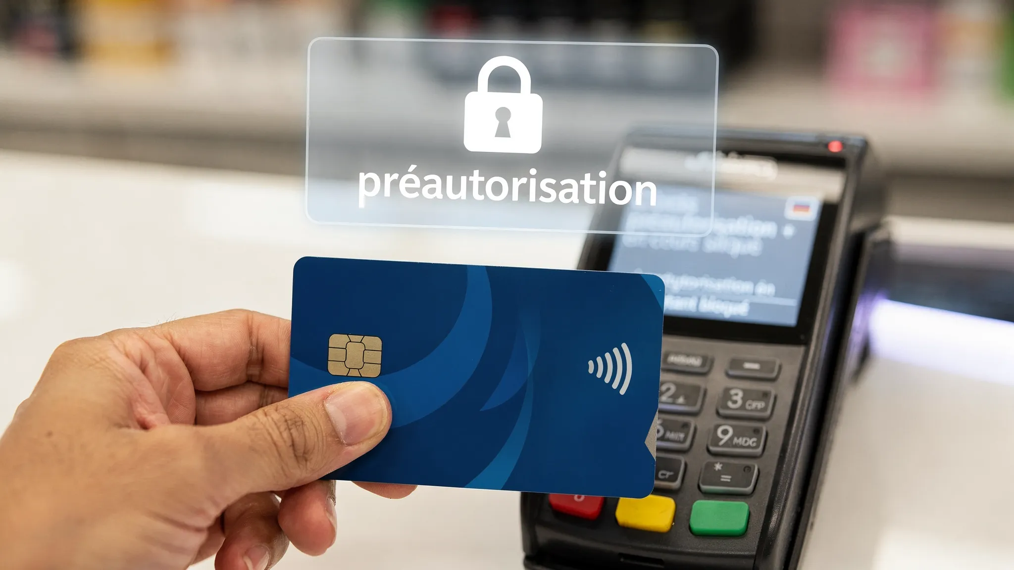 Une main tient une carte bancaire devant un terminal de paiement, avec une icône de cadenas et une mention “préautorisation” pour illustrer le blocage temporaire d’un montant.