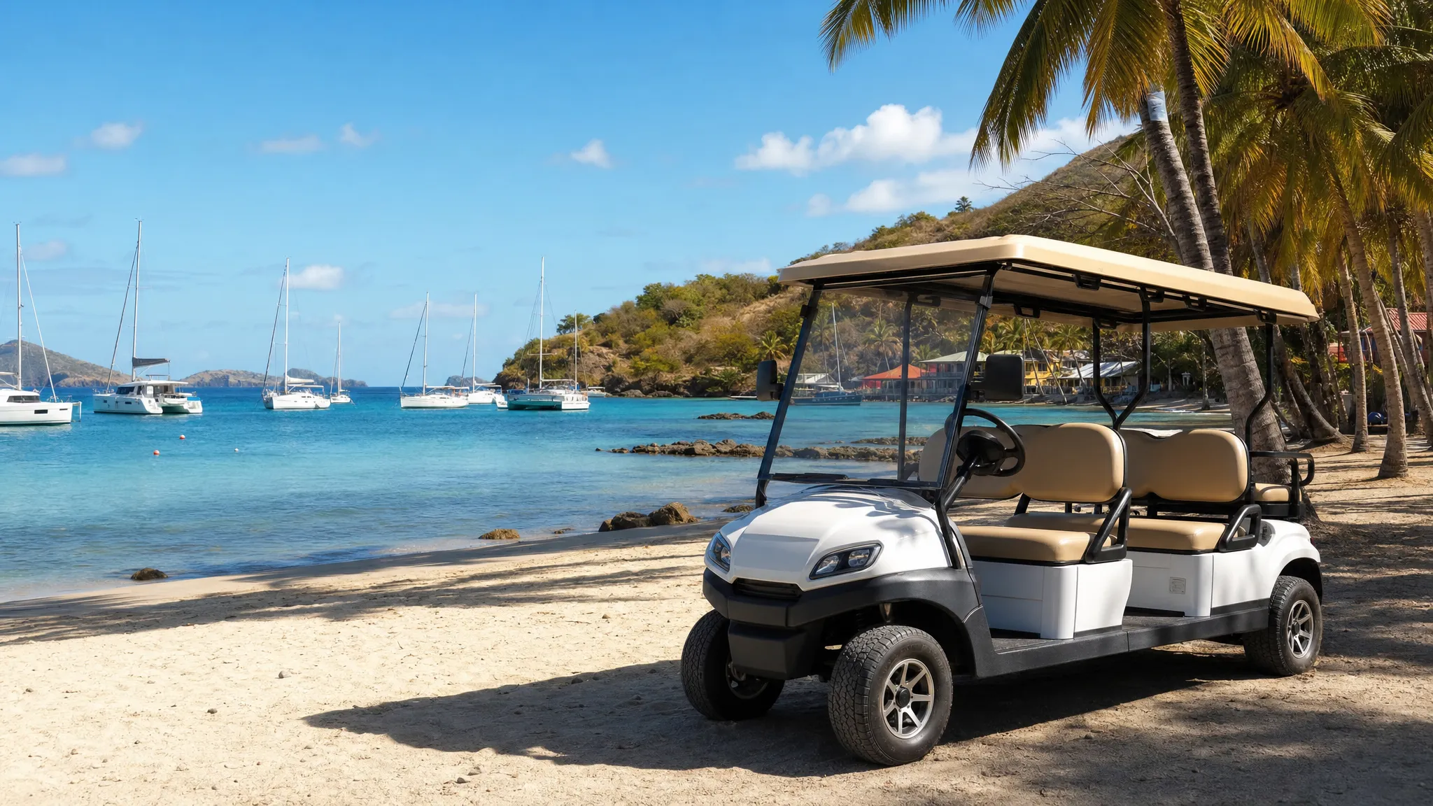 Une voiturette électrique stationnée au bord d’une plage à Terre-de-Haut, avec le sable au premier plan, l’eau calme, des voiliers au large et quelques palmiers en arrière-plan.