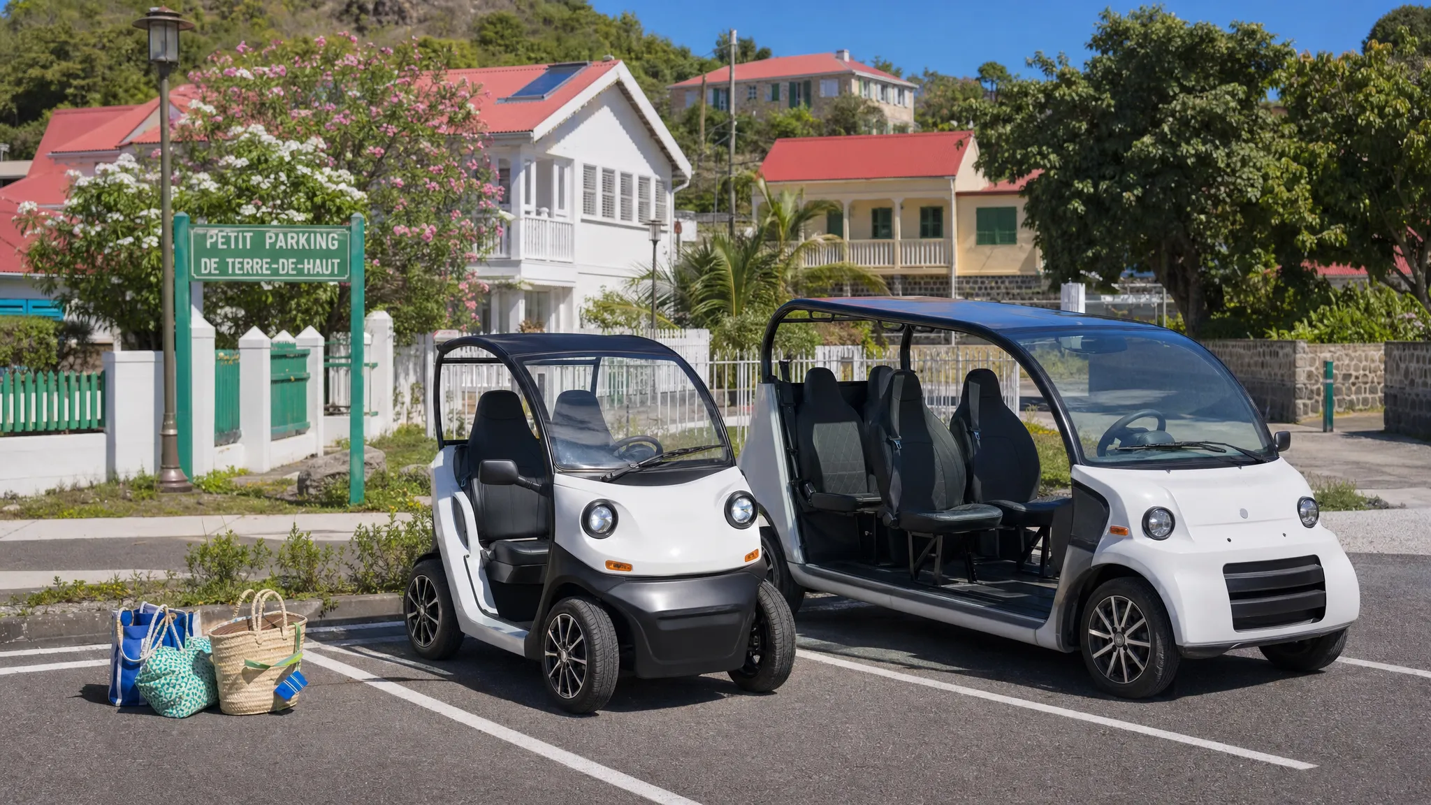 Deux voiturettes électriques stationnées devant un petit parking du bourg de Terre-de-Haut, l’une compacte pour deux personnes et l’autre plus longue pour quatre, avec quelques sacs de plage posés à côté et des maisons créoles en arrière-plan.