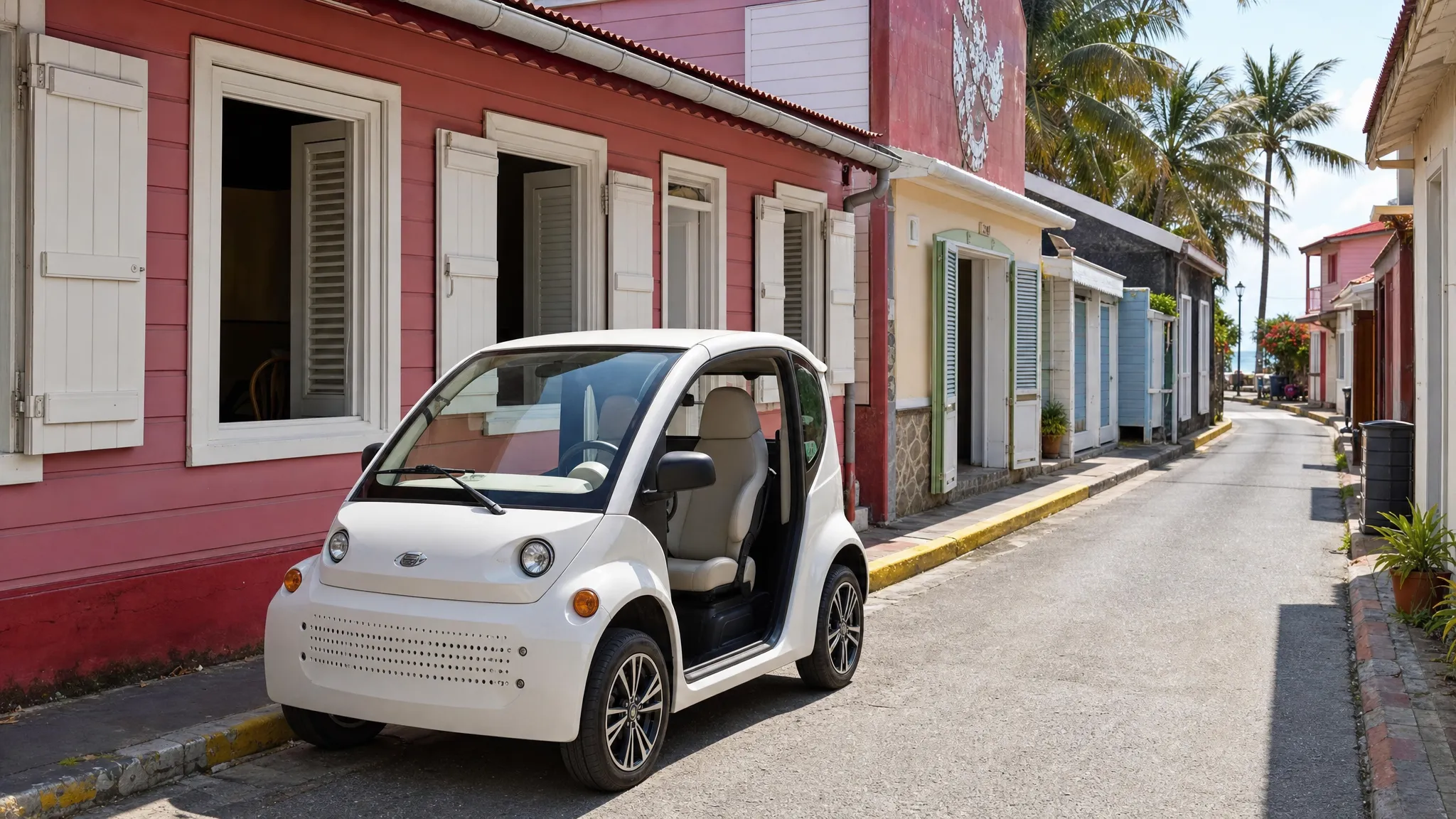 Une voiturette électrique blanche garée sur une petite rue du bourg de Terre-de-Haut, avec des maisons colorées, des volets ouverts et quelques palmiers en arrière-plan, dans une ambiance de promenade tranquille aux Saintes.