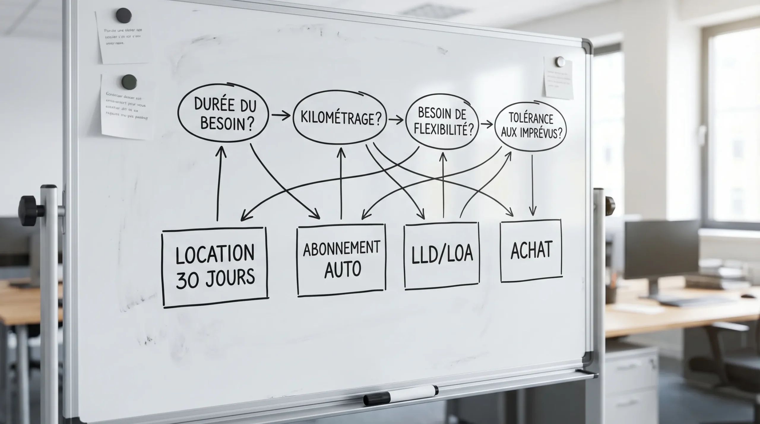 Schéma simple de décision en 4 blocs pour choisir entre location 30 jours, abonnement auto, LLD/LOA ou achat : durée du besoin, kilométrage, besoin de flexibilité, tolérance aux imprévus.