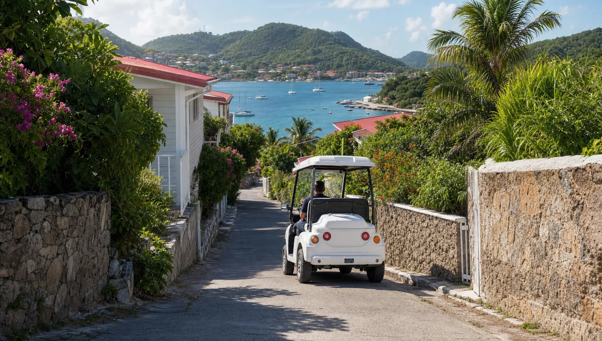 Une voiturette électrique blanche descend une rue étroite de Terre-de-Haut, bordée de murets et de végétation tropicale, avec quelques maisons créoles et la baie des Saintes au fond.