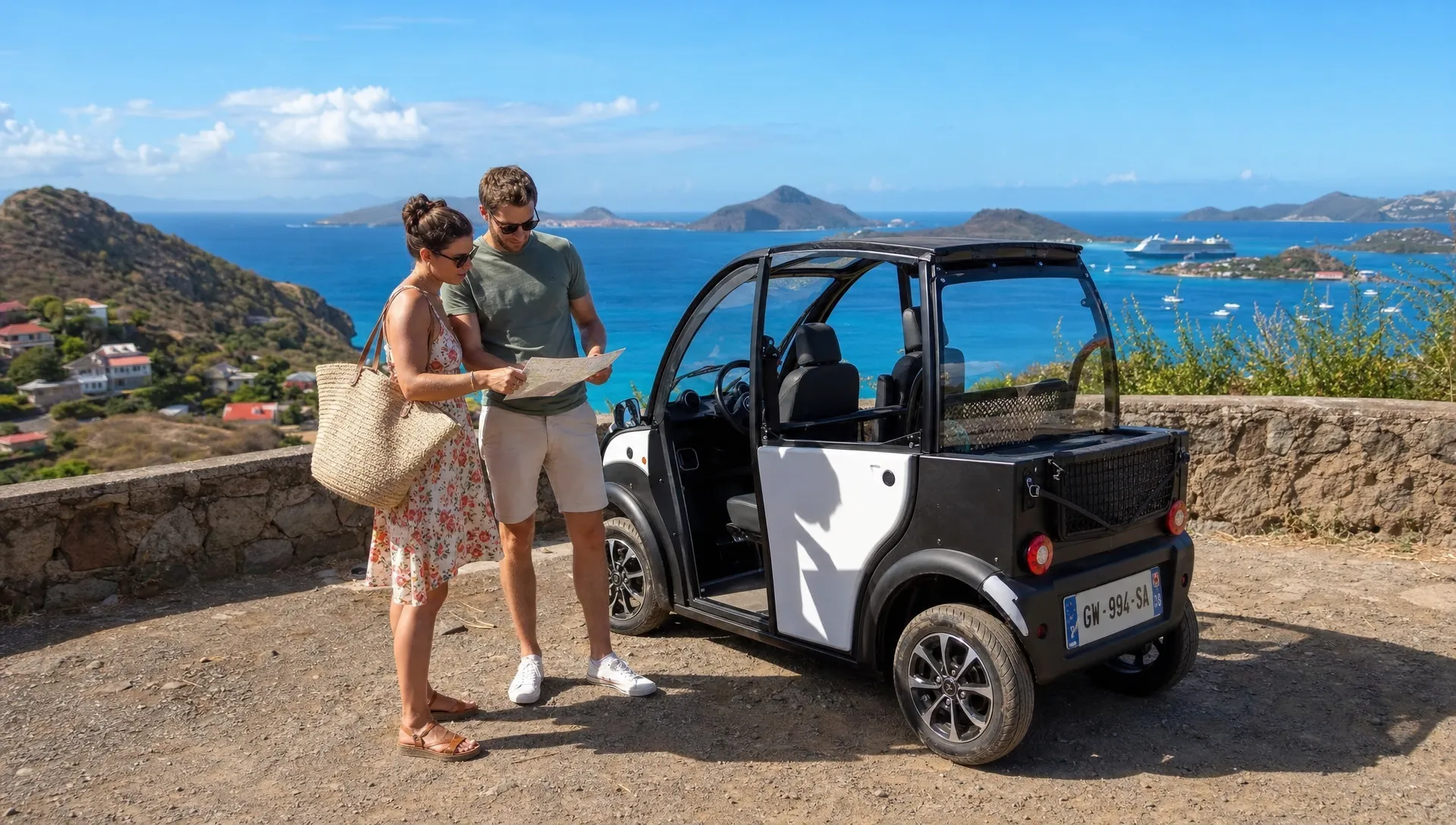 Une voiturette électrique garée près d’un point de vue côtier à Terre-de-Haut, avec un couple qui vérifie son itinéraire papier pour une location voiture petit prix.