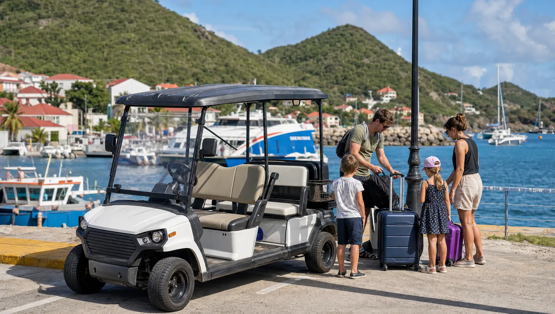 Une voiturette électrique près du port de Terre-de-Haut, avec des valises à côté et une famille qui prépare son départ pour les Saintes.