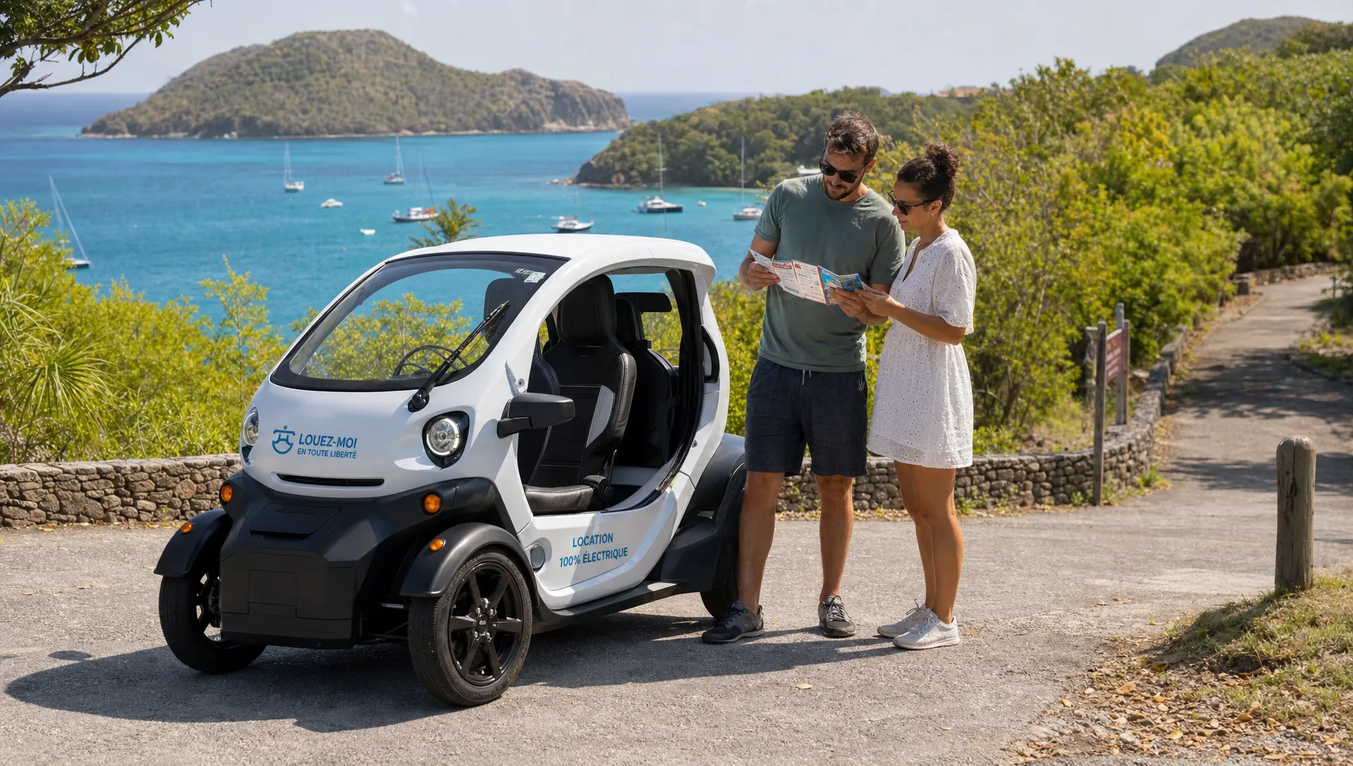 Une voiturette électrique près d’un chemin côtier à Terre-de-Haut accompagne un couple qui compare son prix journalier avec son itinéraire.