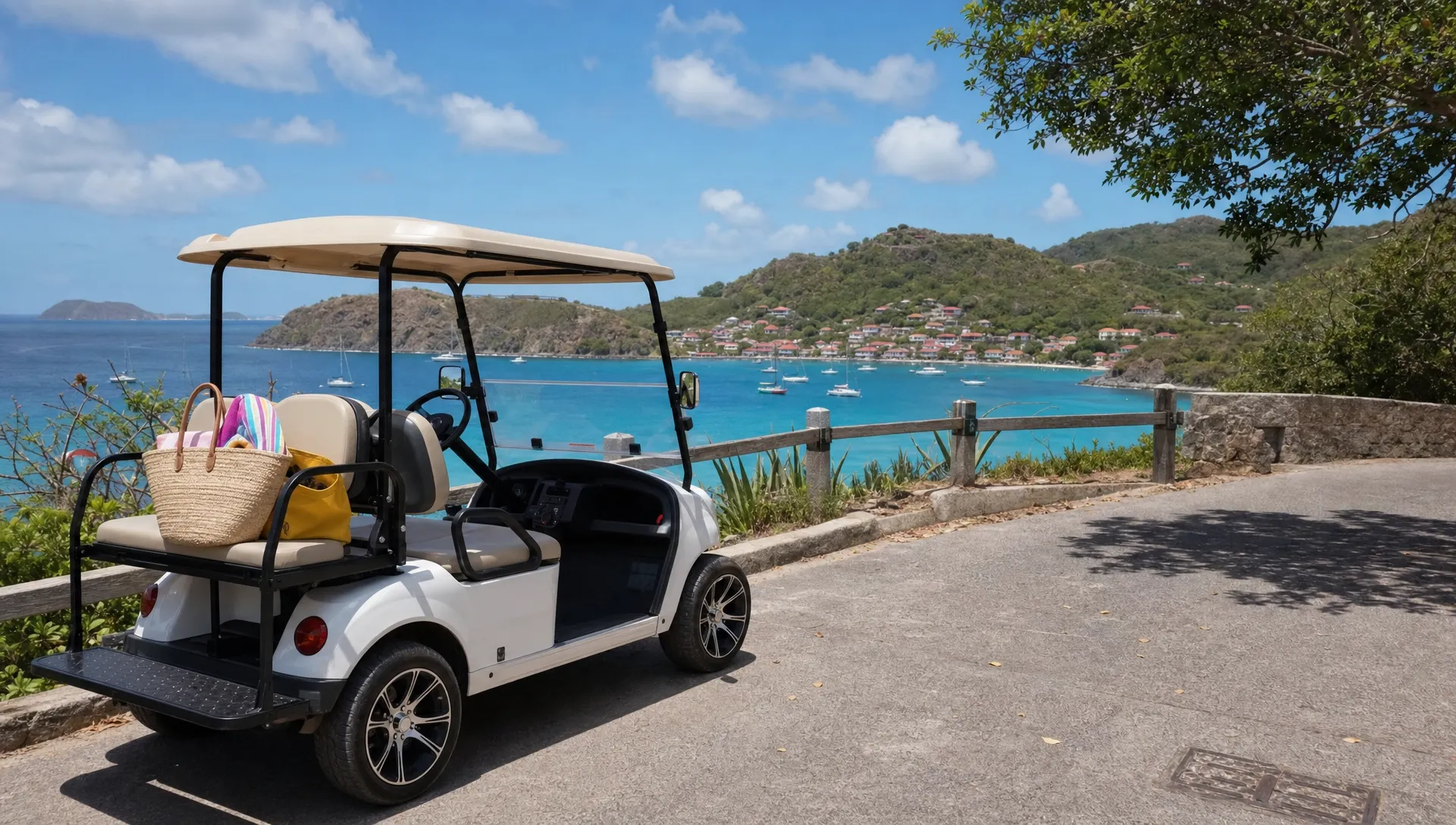 Une voiturette électrique stationnée près d’un chemin côtier à Terre-de-Haut, avec sacs de plage à bord et vue sur la baie.